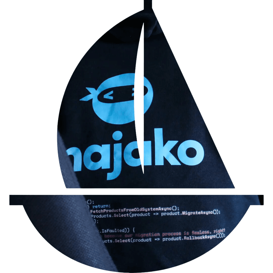 Majako logotyp sitter på seglet på en liten båt med transparant bakgrund.