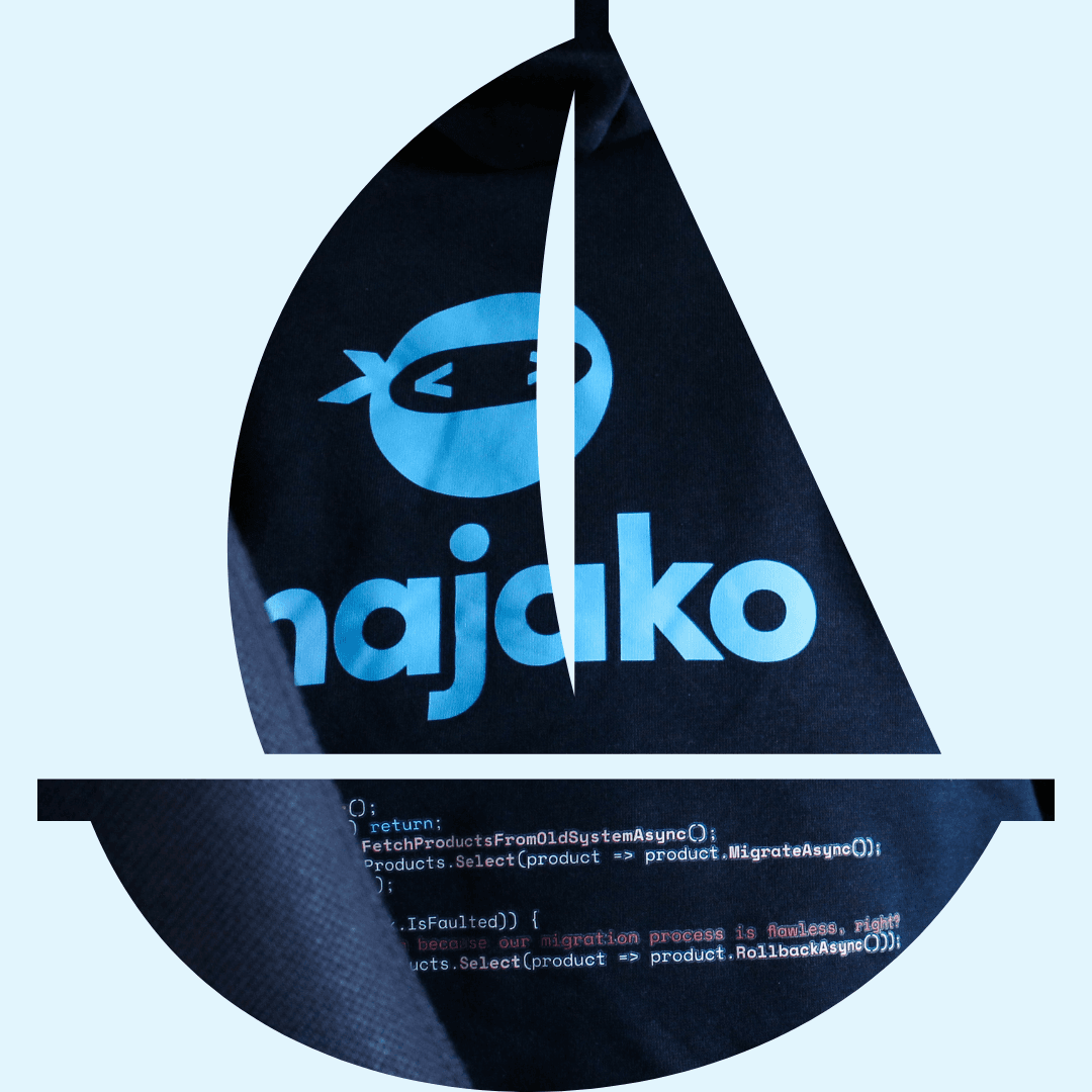 Illustrerad båt på ljust blå bakgrund som har Majakos logotyp på seglet.